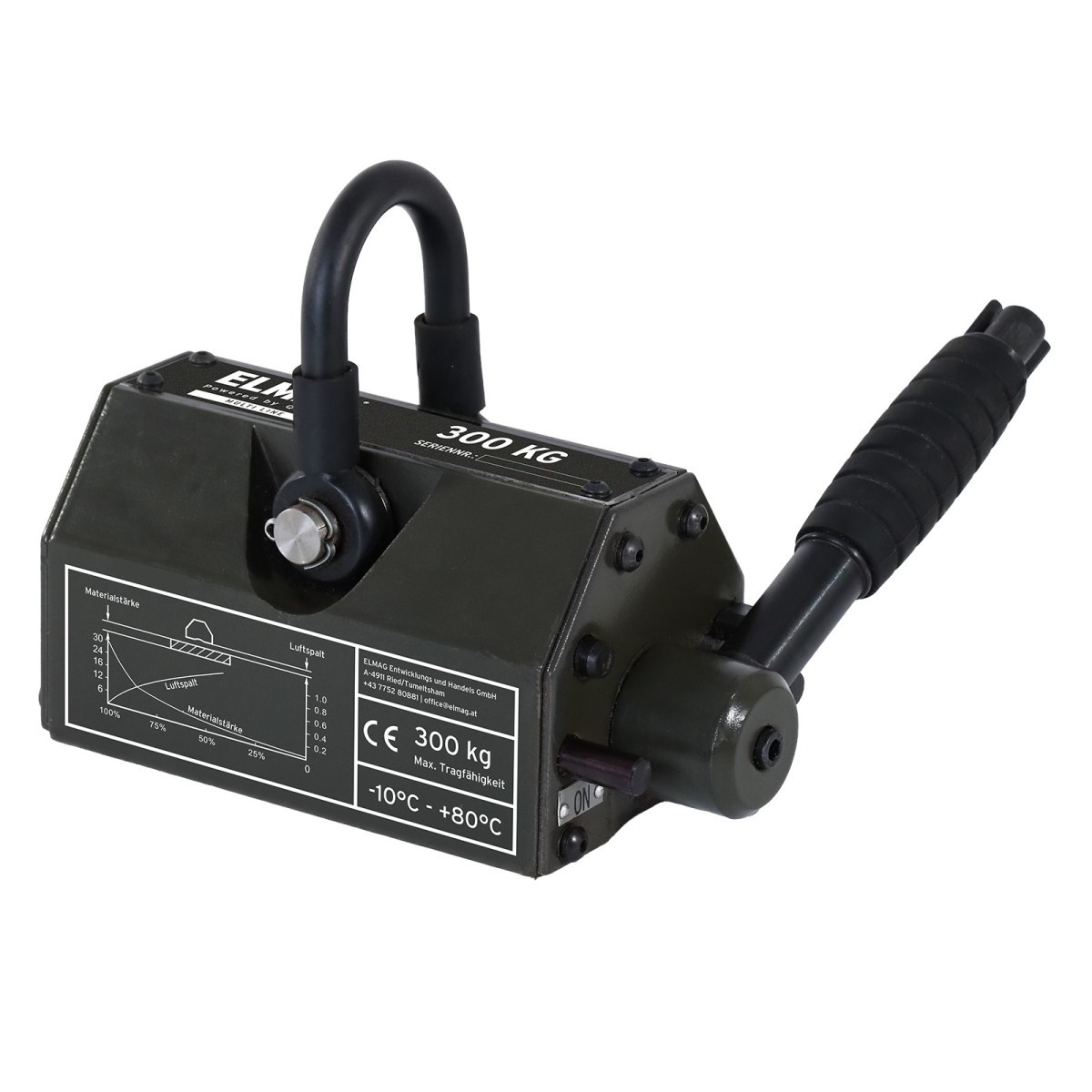 Schwarzer Permanent-Lasthebemagnet mit Bügelöse und Hebelgriff; seitlich Skala/Diagramm, Beschriftung „300 kg“ und Temperaturbereich „-10°C bis +80°C“.