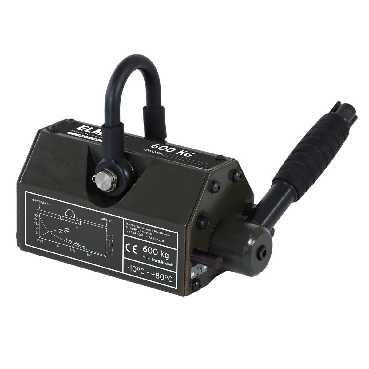 Schwarzer Permanent-Lasthebemagnet mit Bügelöse und Hebelgriff; seitlich Skala/Diagramm, Beschriftung „600 kg“ und Temperaturbereich „-10°C bis +80°C“.