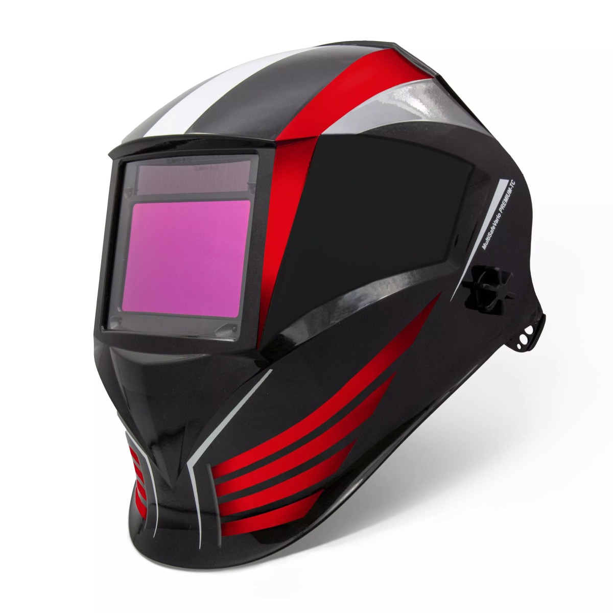 Schwarzer Automatik-Schweißhelm mit roten Streifen und rechteckigem Sichtfenster in Frontalansicht schräg von vorne.