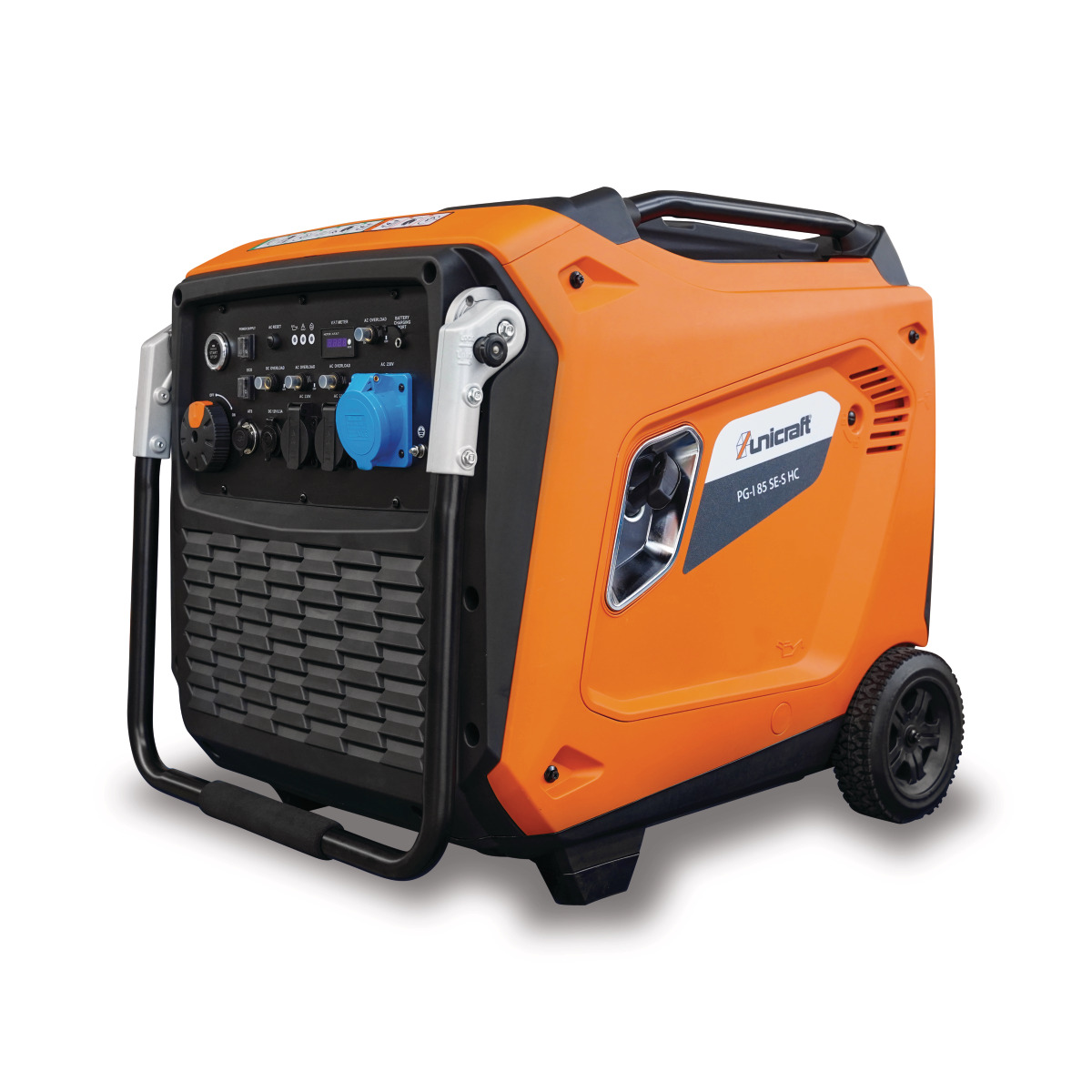 Orange-schwarzer Inverter-Stromerzeuger mit Bedienfeld vorne, seitlicher Tanköffnung und Schutzrahmen auf zwei Rädern.