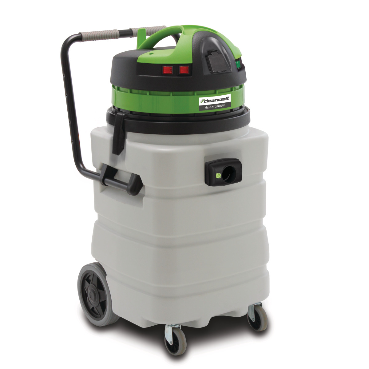 Industriesauger in Seitenansicht auf Rollen mit Griffbügel, Motorkopf und Anschlussöffnung am Behälter.