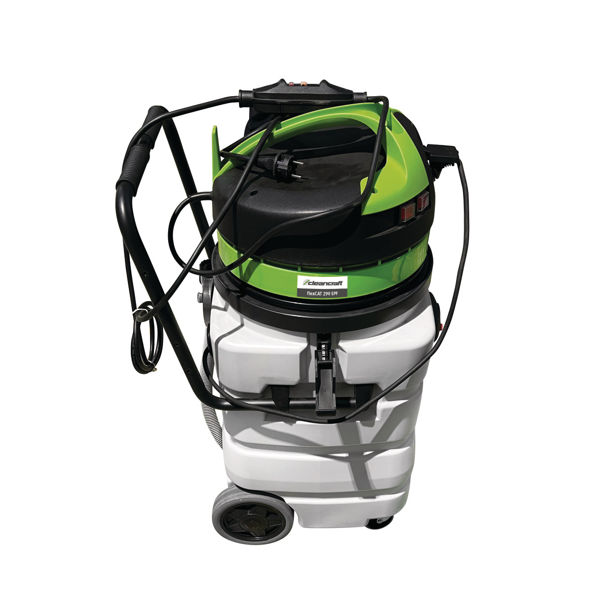 Industriesauger schräg von hinten mit Griff, aufgewickeltem Kabel, Schaltern und großer Hinterradachse.