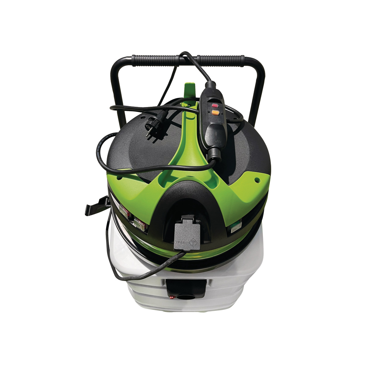 Industriesauger in Draufsicht mit Griffbügel, Netzstecker, Kabel und Bedieneinheit auf dem Motorkopf.