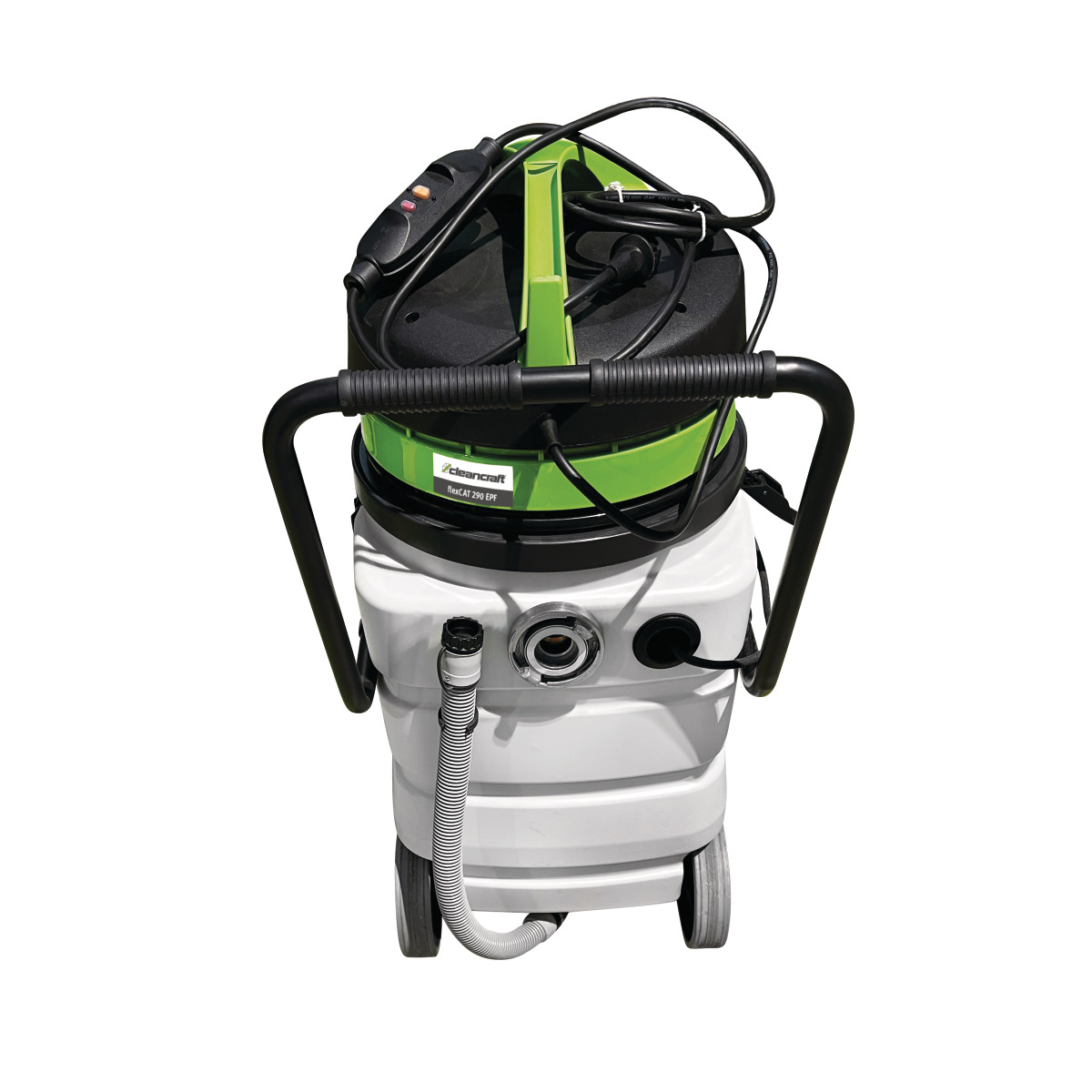 Industriesauger auf Rollen, Frontansicht mit Griffbügel, Kabelaufwicklung und Anschlüssen an der Vorderseite.