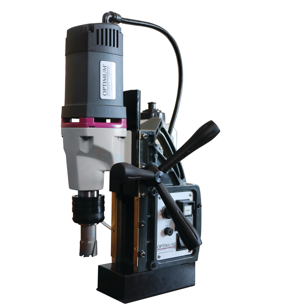 Magnetkernbohrmaschine OPTIdrill DM 50V Magnet-Kernbohrmaschine OPTIMUM mit eingesetztem Kernbohrer, Seitenansicht links