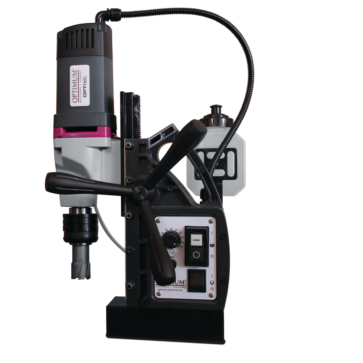 Magnetkernbohrmaschine OPTIdrill DM 50V Magnet-Kernbohrmaschine OPTIMUM mit Fräswerkzeug, Frontansicht auf hellem Hintergrund
