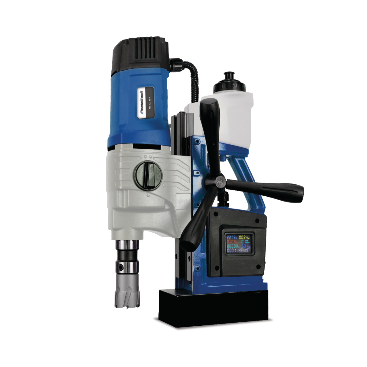 Magnet-Kernbohrmaschine seitlich mit Fräser, Kühlmitteltank, dreiteiligem Kurbelhebel und schwarzem Magnetfuß.