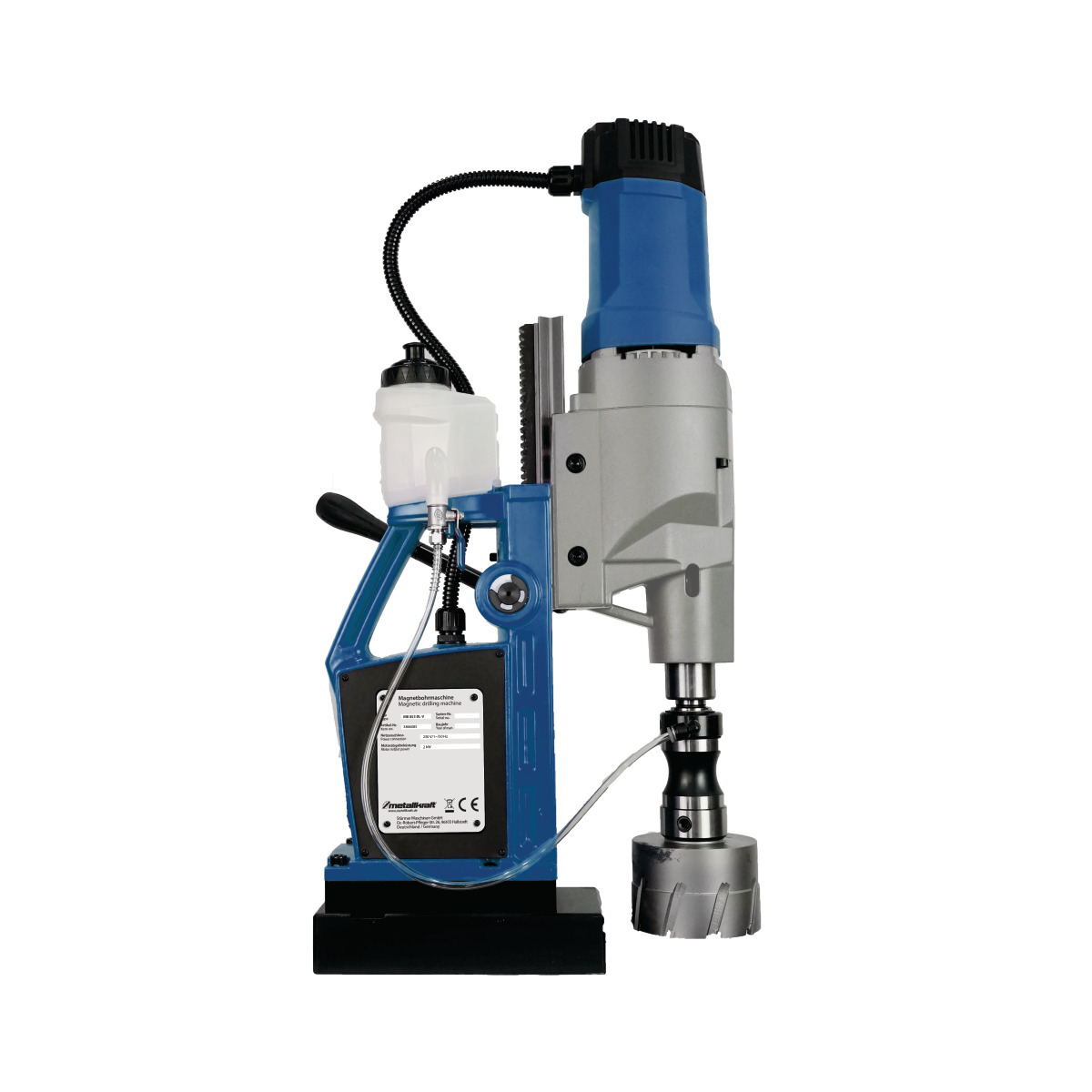 Magnetkernbohrmaschine MB 853 BL-V Magnet-Kernbohrmaschine seitlich mit Kühlmitteltank, großer Kernbohrkrone und schwarzem Magnetfuß.