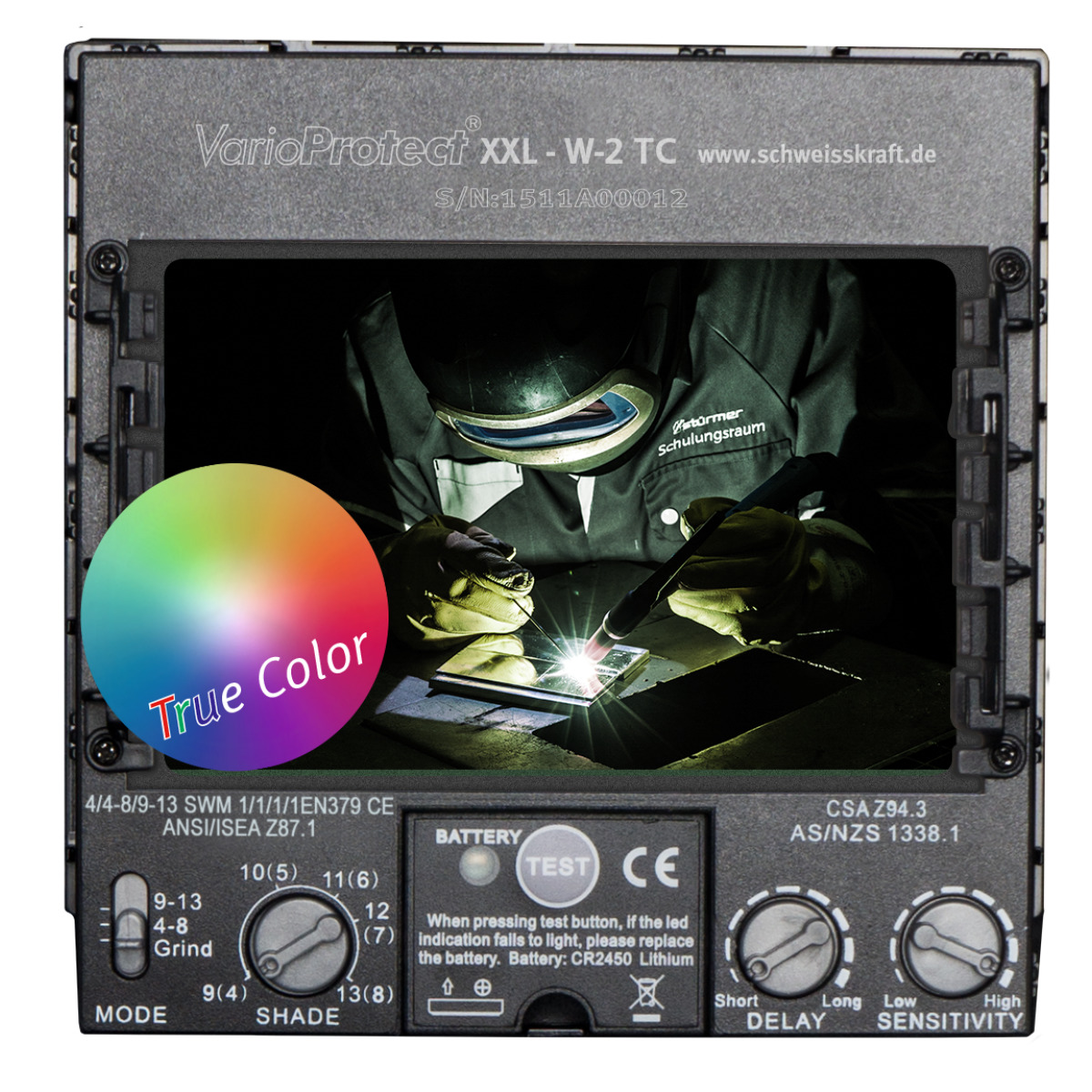 Automatik-Schweißschutzhelm VarioProtect XXL-W-2 TC rot Nahaufnahme eines Automatik-Schweißfilters mit Sichtfenster, Reglern und „True Color“-Hinweis.
