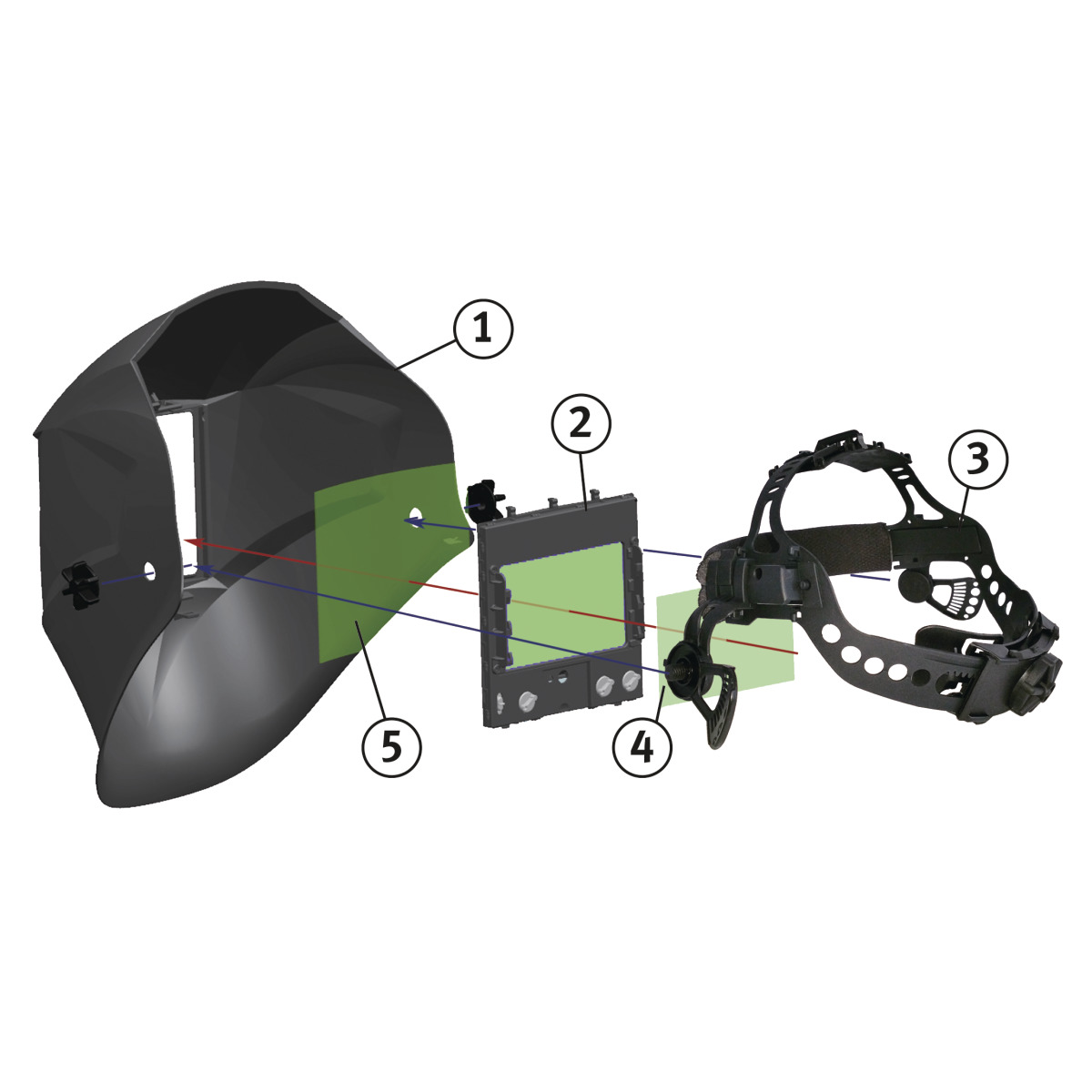 Automatik-Schweißschutzhelm VarioProtect XXL-W-2 TC rot Explosionsdarstellung eines Schweißhelms mit nummerierten Bauteilen und Lichtstrahlen durch den Filter.