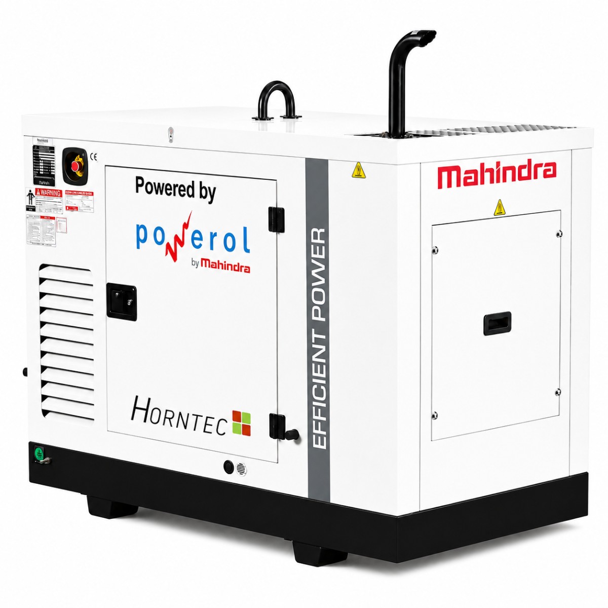 Weißer Mahindra-Stromerzeuger mit Powerol- und Horntec-Logo, Türen, Lüftungsgitter und schwarzem Auspuff.
