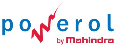 Logo mit blauem Schriftzug „powerol“, rotem Blitzsymbol und Zusatz „by Mahindra“.