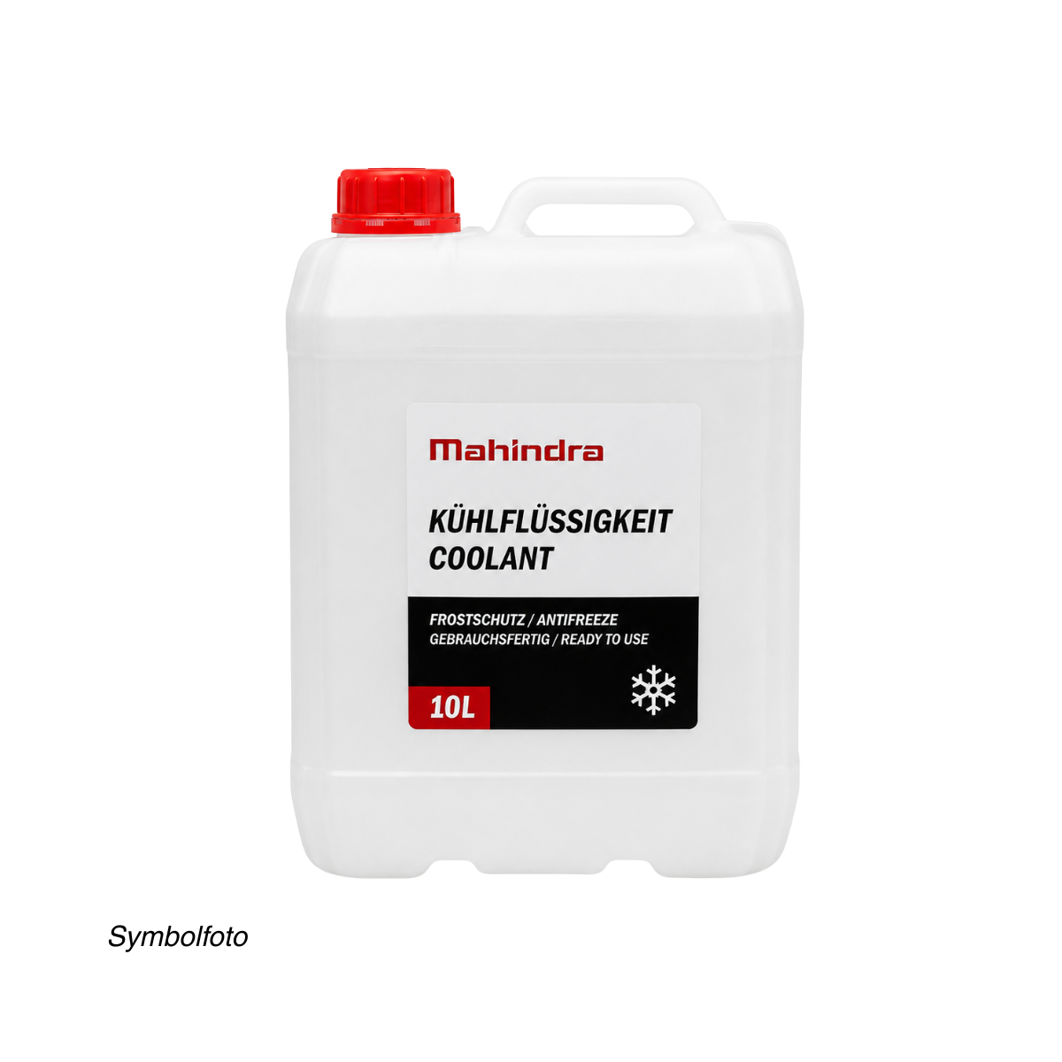 Weißer 10-Liter-Kanister Mahindra-Kühlmittel mit rotem Schraubverschluss, Tragegriff und Frostschutzkennzeichnung.