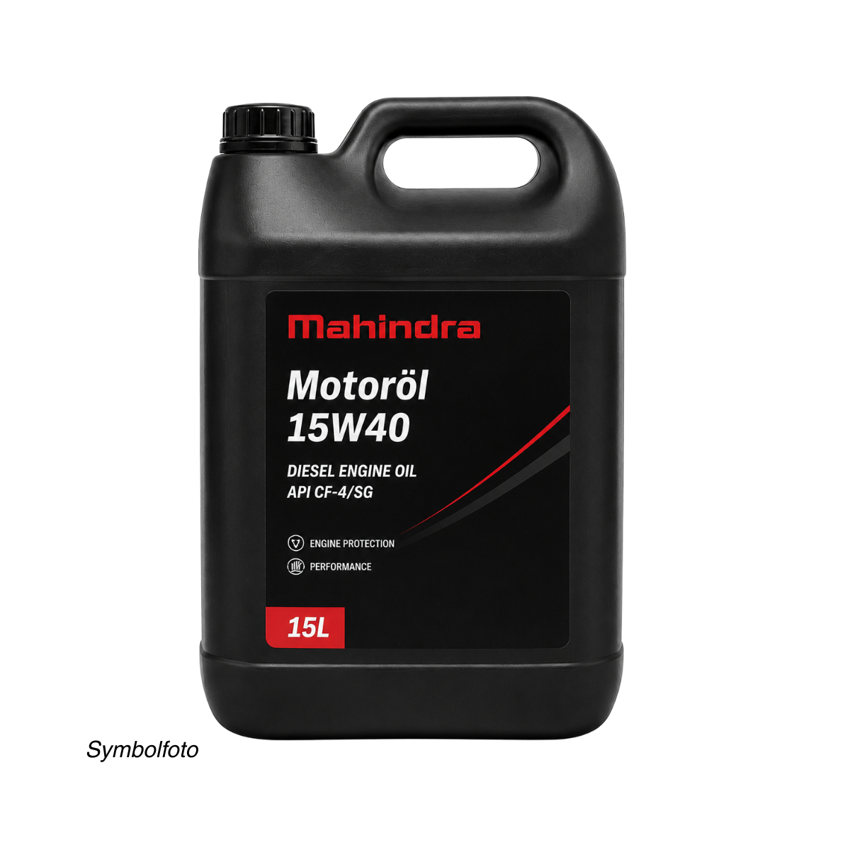Schwarzer 15-Liter-Kanister Mahindra-Motoröl 15W40 für Dieselmotoren mit Schraubverschluss und Tragegriff.