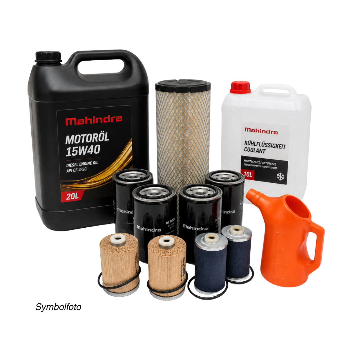 Wartungsset mit Motoröl, Kühlmittel, Luftfilter, vier schwarzen Filtern, vier Filtereinsätzen und orangefarbener Messkanne.
