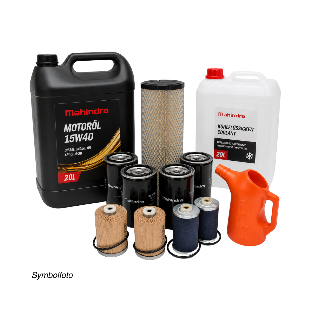 Wartungsset mit Motoröl, Kühlmittel, Luftfilter, vier schwarzen Filtern, vier Filtereinsätzen und orangefarbener Messkanne.