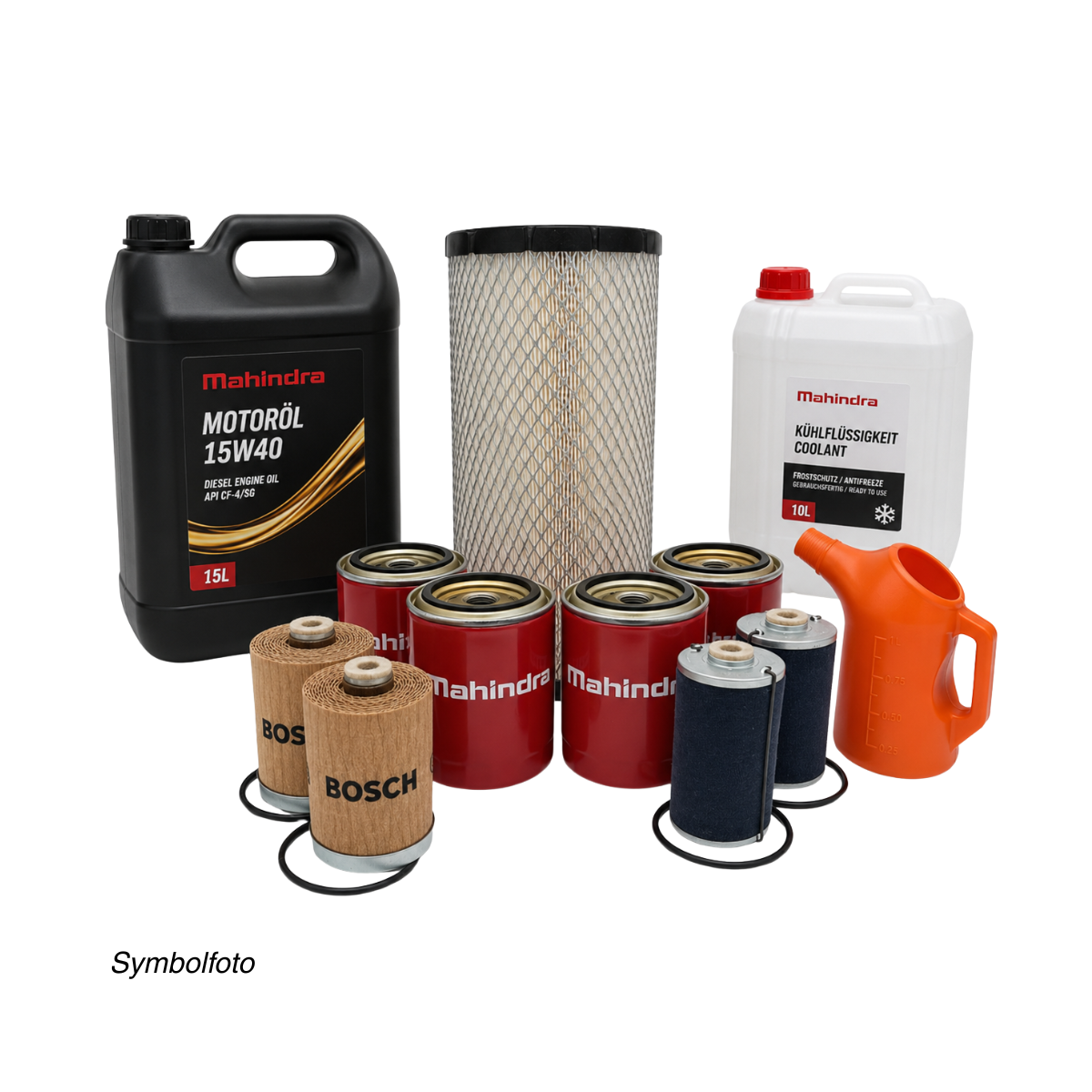 Wartungsset mit 15-Liter-Motoröl, 10-Liter-Kühlmittel, Luftfilter, vier roten Filtern, vier Filtereinsätzen und Messkanne.