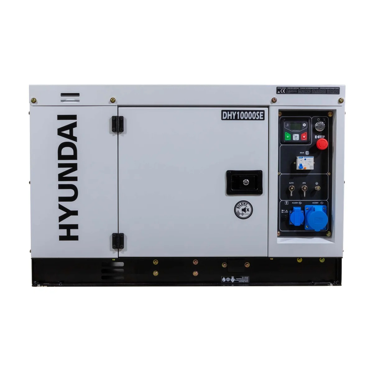 Hyundai Stromerzeuger DHY10000SE Frontansicht des Hyundai Dieselgenerators mit geschlossener Wartungstür, Bedienfeld, Not-Aus-Schalter und zwei blauen Steckdosen.