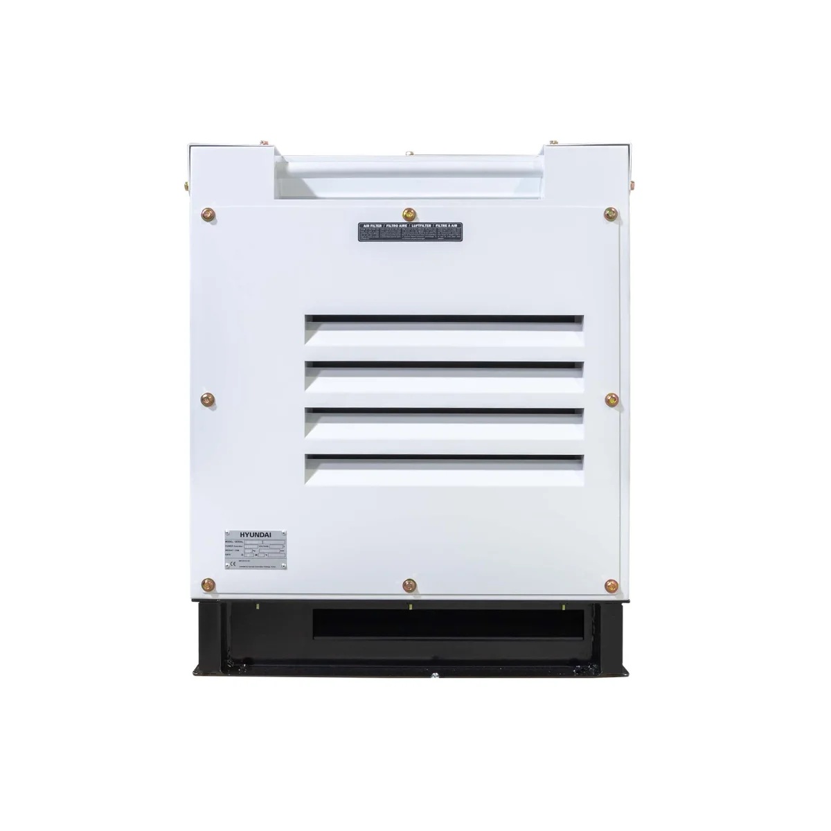 Hyundai Stromerzeuger DHY10000SE Seitenansicht des weißen Generatorgehäuses mit vier horizontalen Lüftungsschlitzen, Typenschild und schwarzem Sockel.