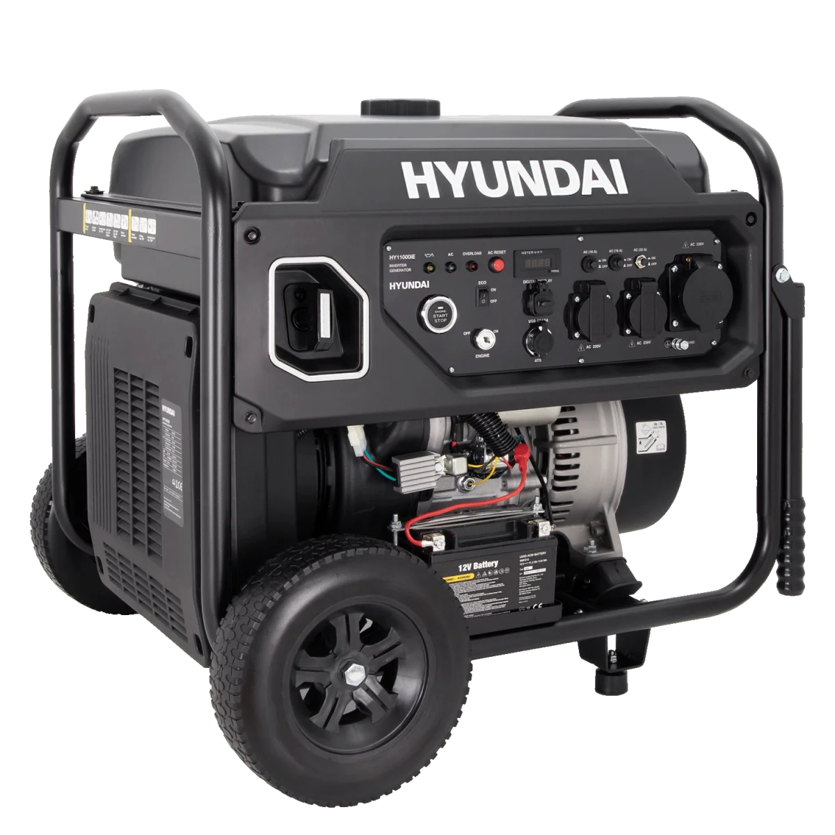 Hyundai Inverter-Stromerzeuger HY11000IE im schwarzen Stahlrahmen mit Rädern, Bedienfeld, Motor und sichtbarer 12-Volt-Batterie.
