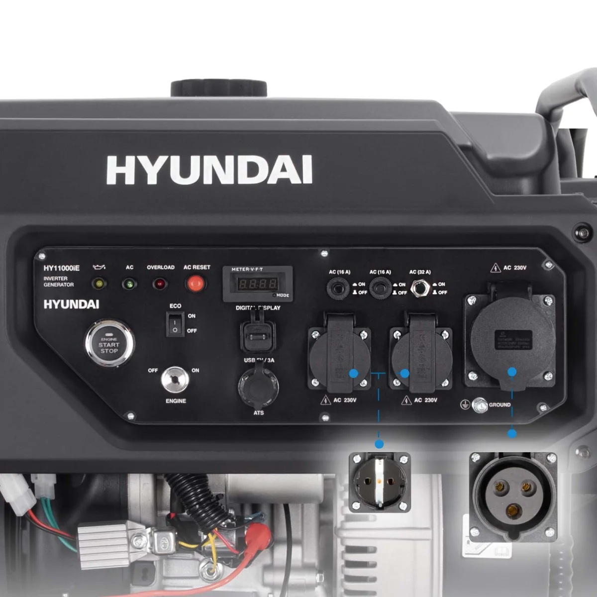 Hyundai Inverter Stromerzeuger HY11000IE Nahaufnahme des Bedienfelds mit Digitalanzeige, Startknopf, Kontrollleuchten, USB-, Schuko- und CEE-Anschlüssen.