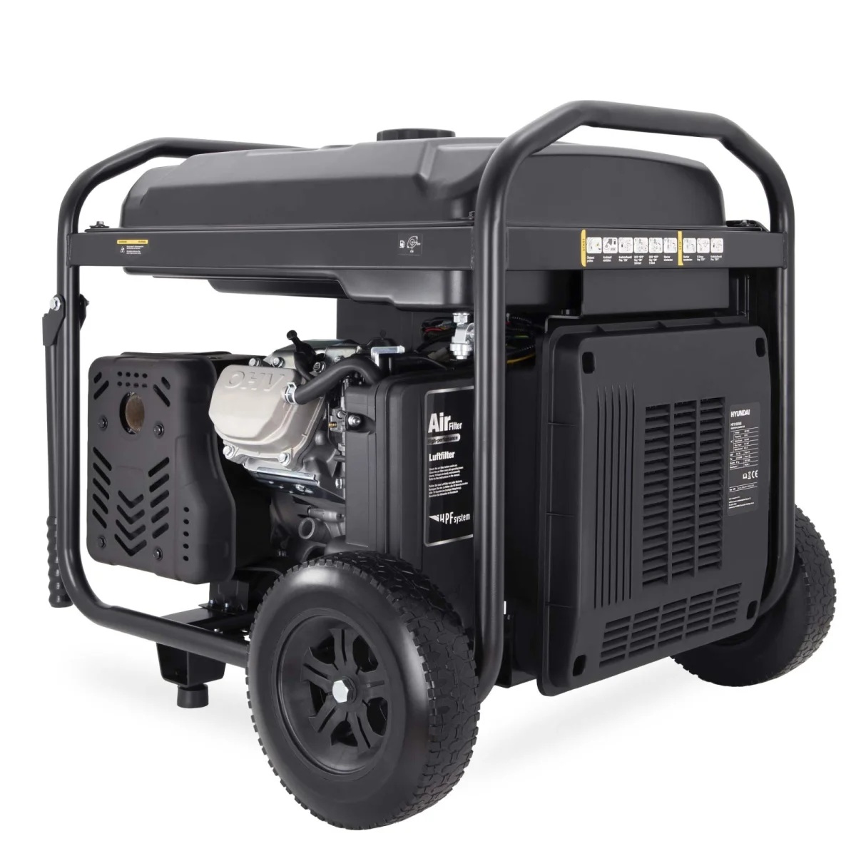 Hyundai Inverter Stromerzeuger HY11000IE Rückansicht des Hyundai Generators mit Benzinmotor, Luftfilter, Schalldämpfer, Tank, Stahlrahmen und zwei Rädern.