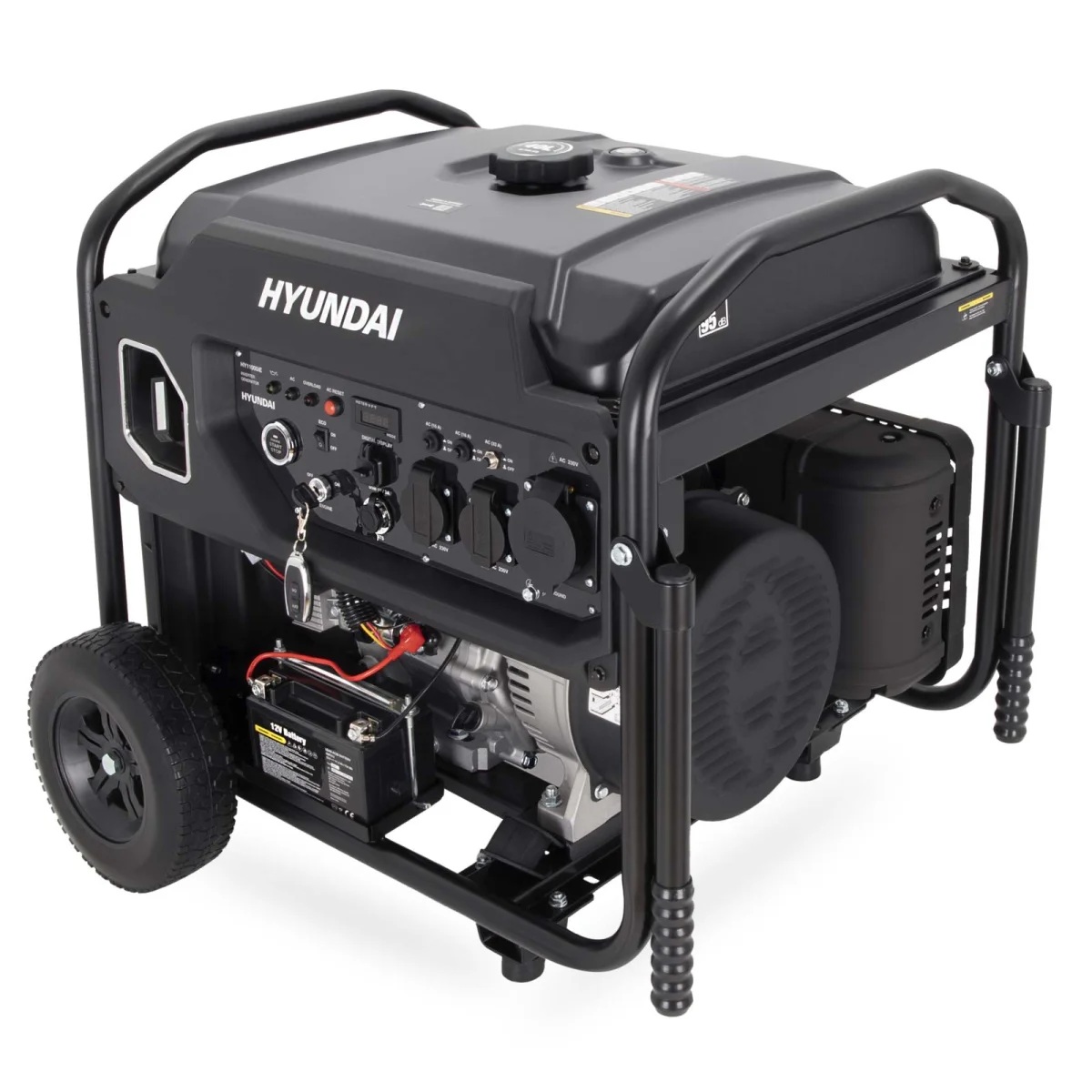 Hyundai Inverter Stromerzeuger HY11000IE Hyundai Generator schräg von vorn mit Tankdeckel, Bedienfeld, Steckdosen, Batterie, Motor, Stahlrahmen und Rädern.