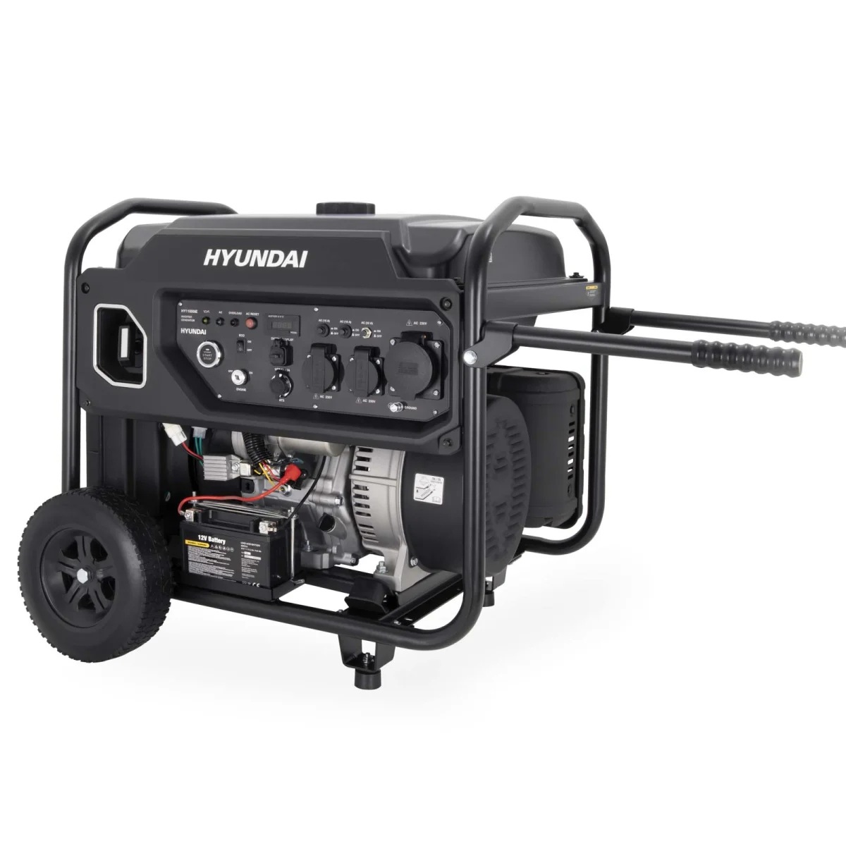 Hyundai Inverter Stromerzeuger HY11000IE Hyundai Generator mit ausgeklappten Transportgriffen, Bedienfeld, sichtbarem Motor, Batterie und zwei großen Rädern.