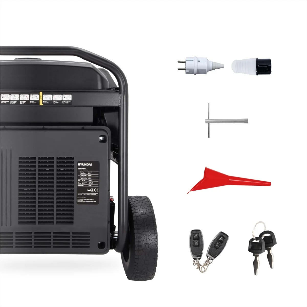 Hyundai Inverter Stromerzeuger HY11000IE Seitlicher Generatorausschnitt mit Zubehör: zwei Adapter, Zündkerzenschlüssel, Öleinfülltrichter, zwei Fernbedienungen und zwei Schlüssel.
