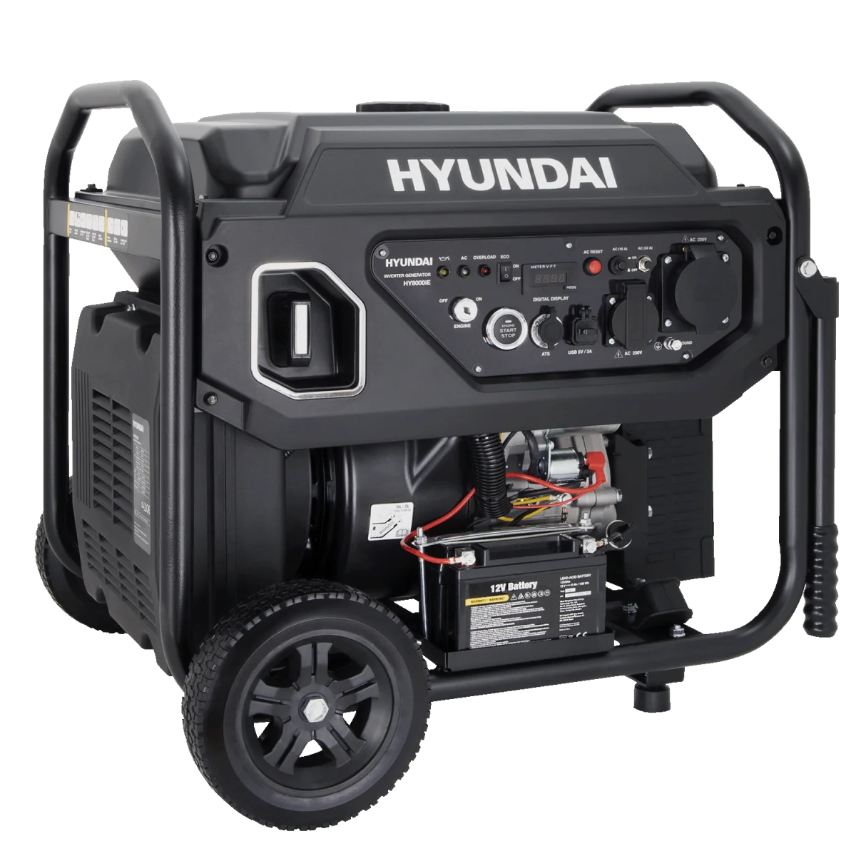 Hyundai Inverter-Stromerzeuger HY8000IE in schwarzem Stahlrahmen mit Rädern, Klappgriffen, Bedienfeld und sichtbarer Starterbatterie.