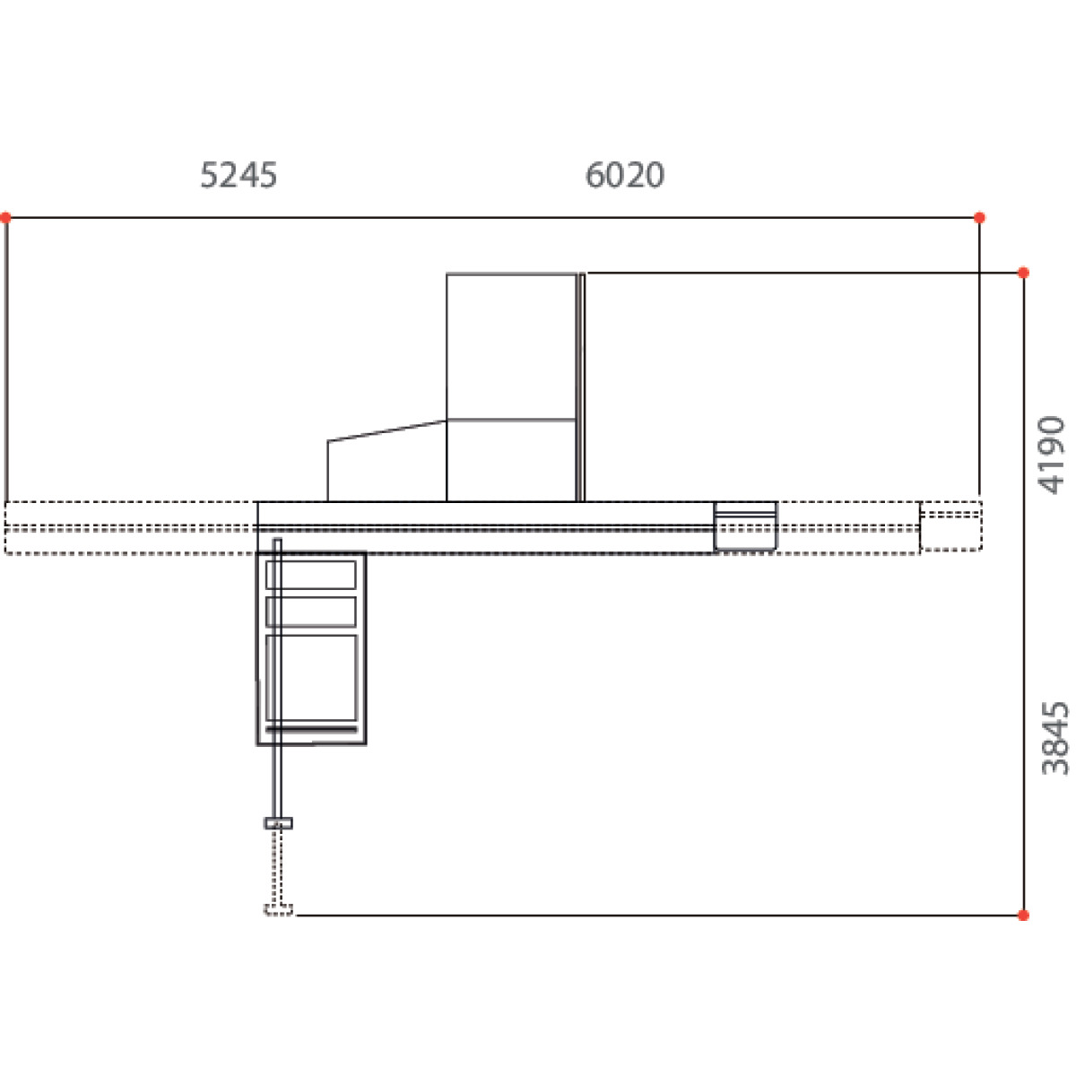 Formatkreissäge minimax sc 3c 23 Maßzeichnung der Maschine in Draufsicht mit eingezeichneten Stellmaßen und Abmessungen in Millimetern.