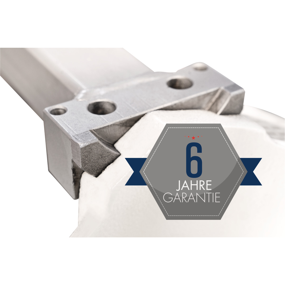 Detail einer Metallführung mit Laufrolle; eingeblendeter Hinweis auf sechs Jahre Garantie.