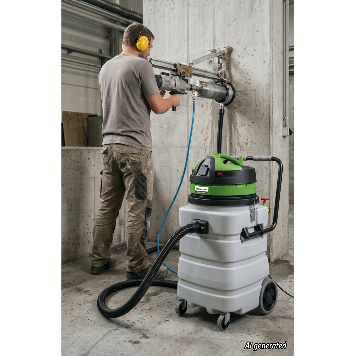 Nass-/Trockensauger flexCAT 290 EP Mann arbeitet mit einer Kernbohrmaschine an einer Wand; daneben steht ein Sauger mit angeschlossenem Saugschlauch.