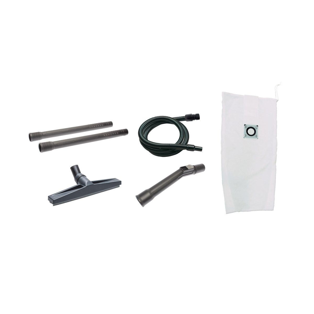 Nass-/Trockensauger flexCAT 290 EP Zubehörset mit zwei Saugrohren, Saugschlauch, Bodendüse, Handgriff und weißem Filtersack.