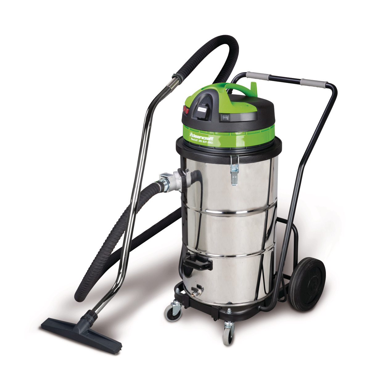 Nass-/Trockensauger flexCAT 378 EOT-PRO Fahrbarer Industriesauger mit Edelstahlbehälter, grün-schwarzem Motorkopf, Schubbügel, Saugschlauch und Bodendüse.