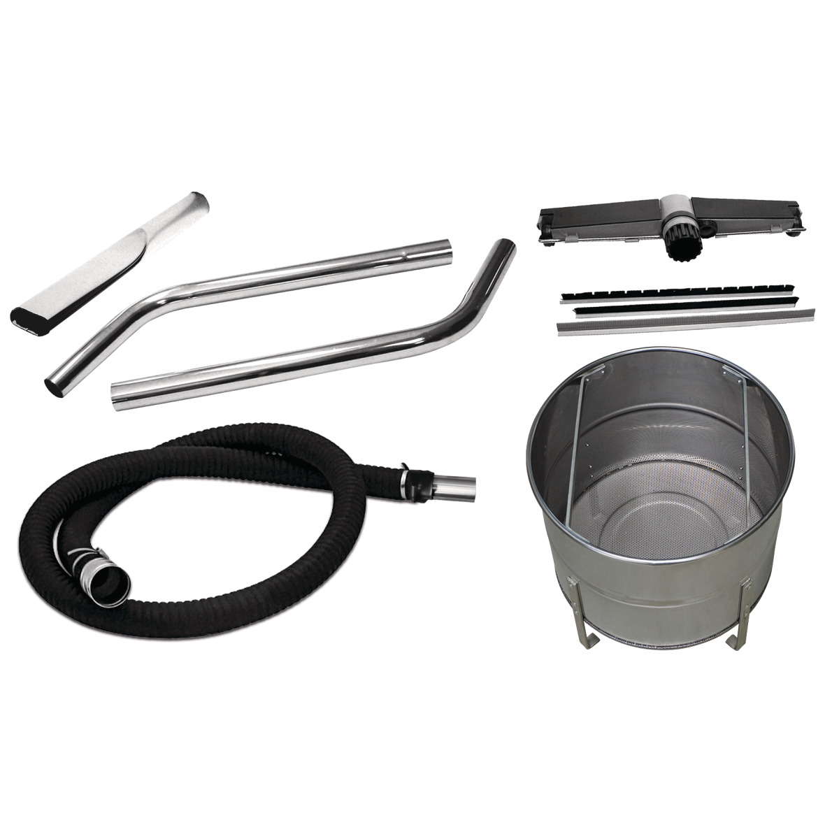 Nass-/Trockensauger flexCAT 378 EOT-PRO Zubehörset mit Saugschlauch, zwei Metallrohren, Fugendüse, Bodendüse mit Einsätzen und zylindrischem Metallsieb.