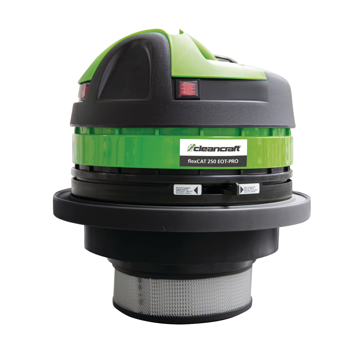Nass-/Trockensauger flexCAT 250 EOT-PRO Grün-schwarzer Motorkopf eines Industriesaugers mit Schaltern und darunter angebrachtem Rundfilter.