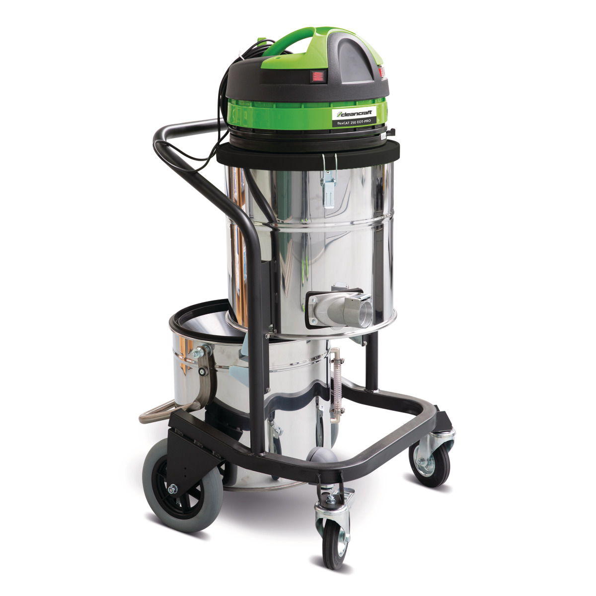 Nass-/Trockensauger flexCAT 250 EOT-PRO Industriesauger mit geöffnetem unteren Edelstahlbehälter, Fahrgestell, Rollen und grün-schwarzem Motorkopf.