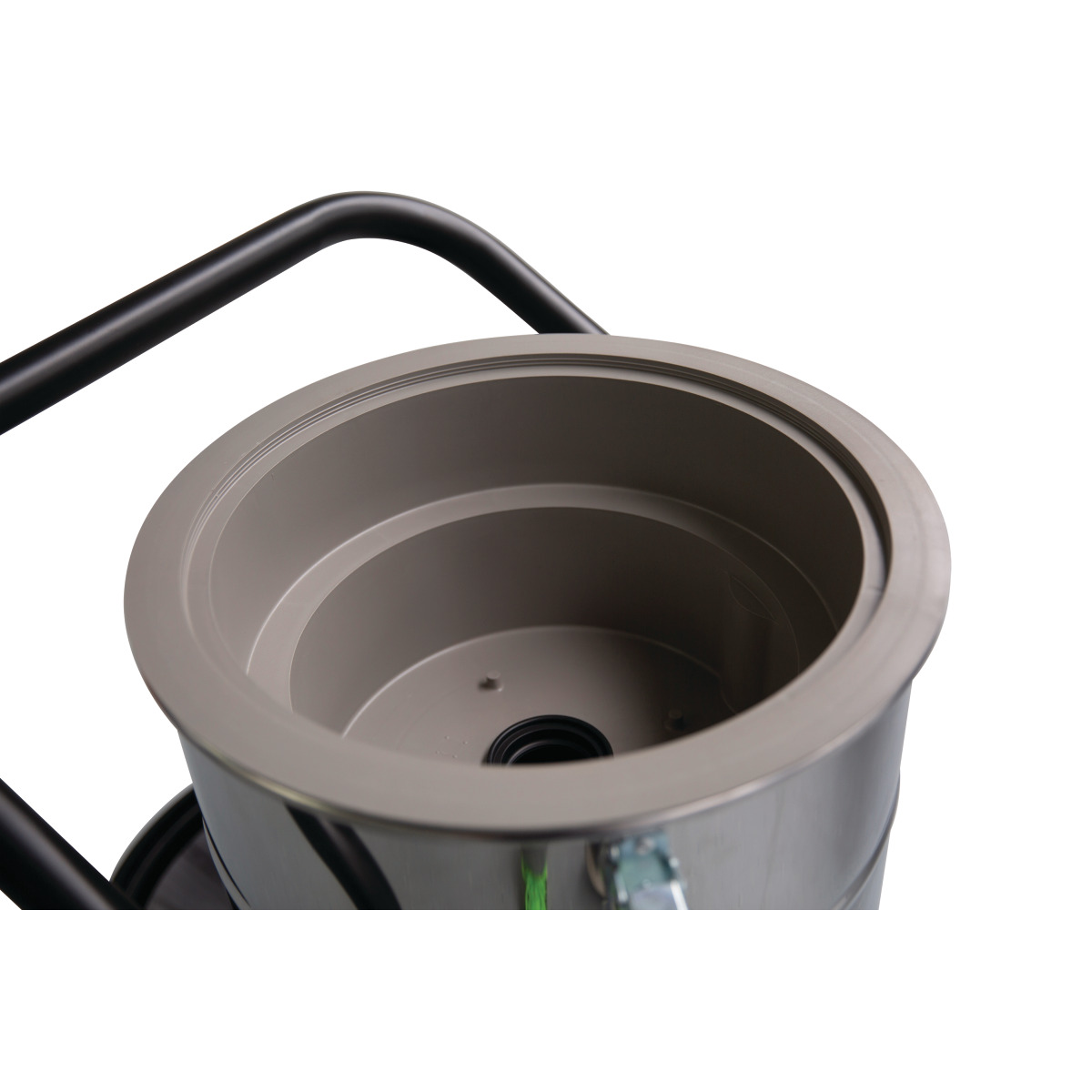 Nass-/Trockensauger flexCAT 250 EOT-PRO Nahaufnahme eines grauen Behältereinsatzes mit breitem Rand und zentraler runder Öffnung am Boden.