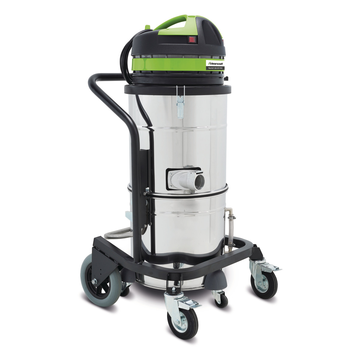Nass-/Trockensauger flexCAT 250 EOT-PRO Fahrbarer Industriesauger mit Edelstahlbehälter, grün-schwarzem Motorkopf, Fahrgestell, großen Rädern und Lenkrollen.