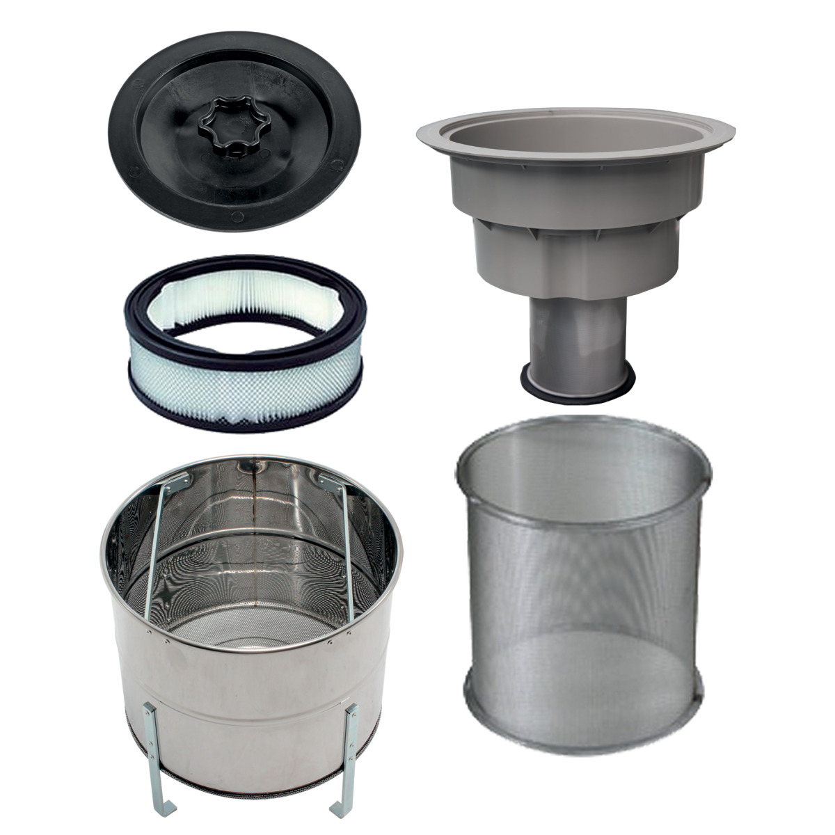 Nass-/Trockensauger flexCAT 250 EOT-PRO Zubehörset mit Rundfilter, Kunststoffeinsatz, Deckel sowie zwei zylindrischen Siebeinsätzen aus Metall.
