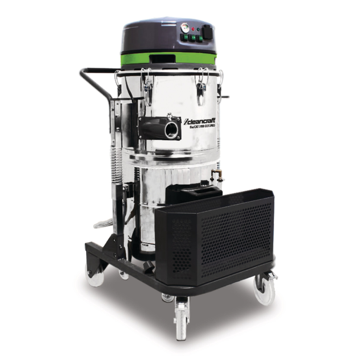 Spezialsauger flexCAT 3100 EOT-PRO Fahrbarer Industriesauger mit Edelstahlbehälter, grün-schwarzem Motorkopf, großem Frontgehäuse und Lenkrollen.