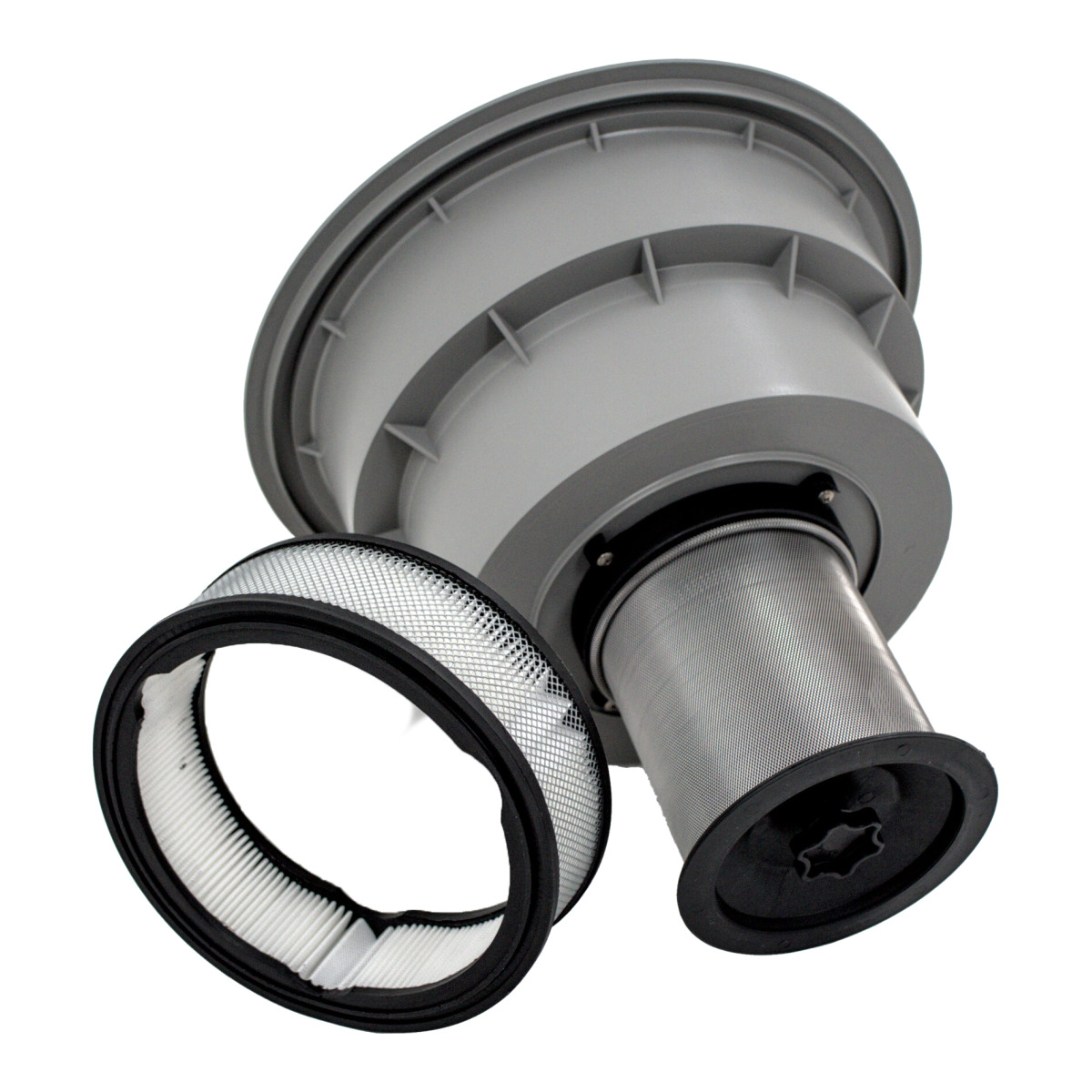Filtersystem mit grauem Kunststoffhalter, zylindrischem Metallsieb und separatem Rundfilter.