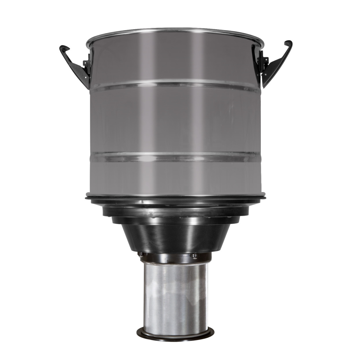 Nass-/Trockensauger flexCAT 390 EOT Zylindrischer Edelstahlbehälter mit seitlichen Spannverschlüssen und darunter angebrachtem Metallfilter.