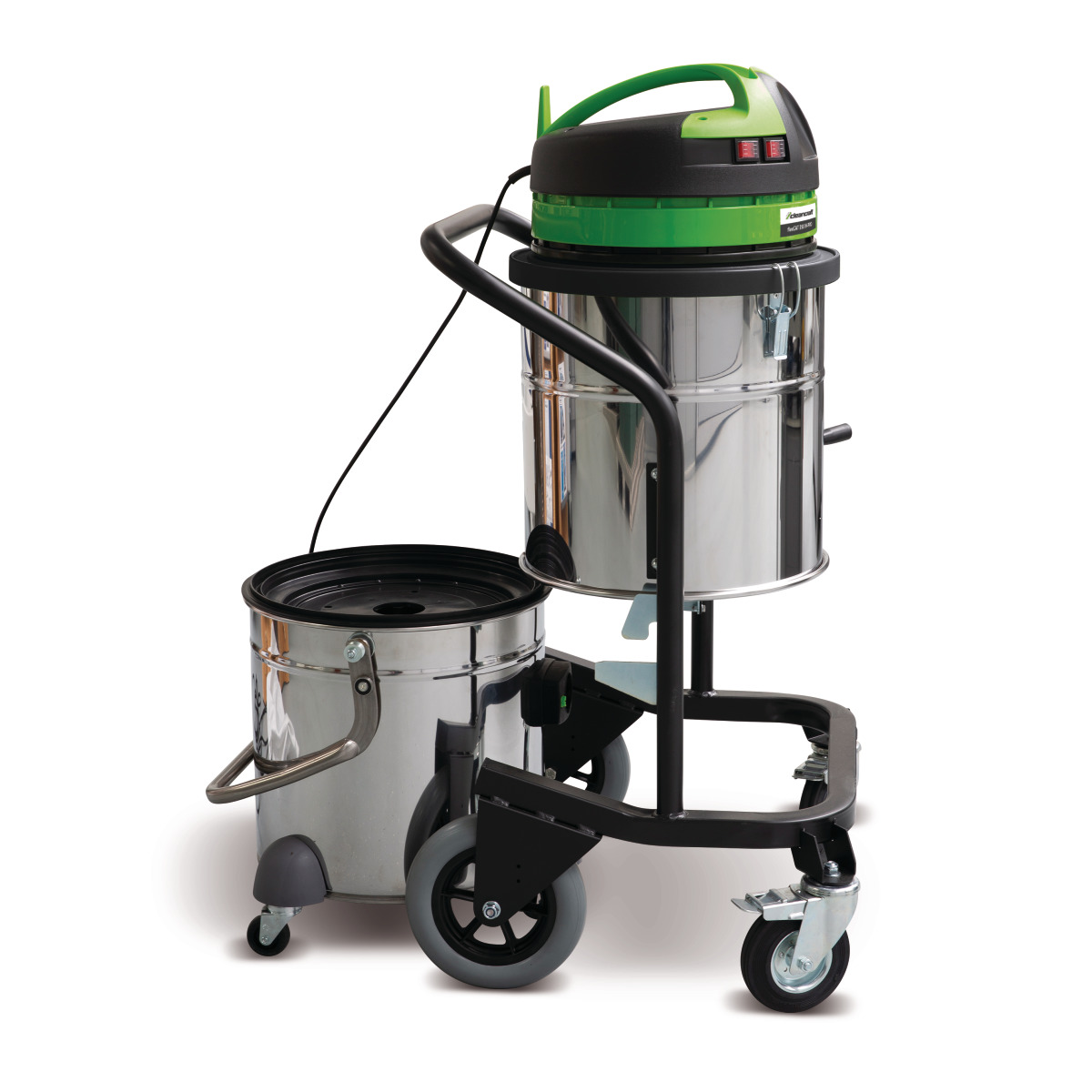 Nass-/Trockensauger flexCAT 350 IH-PRO Industriestaubsauger mit angehobenem Edelstahlbehälter und separat herausgezogenem unteren Behälter auf Rollen.