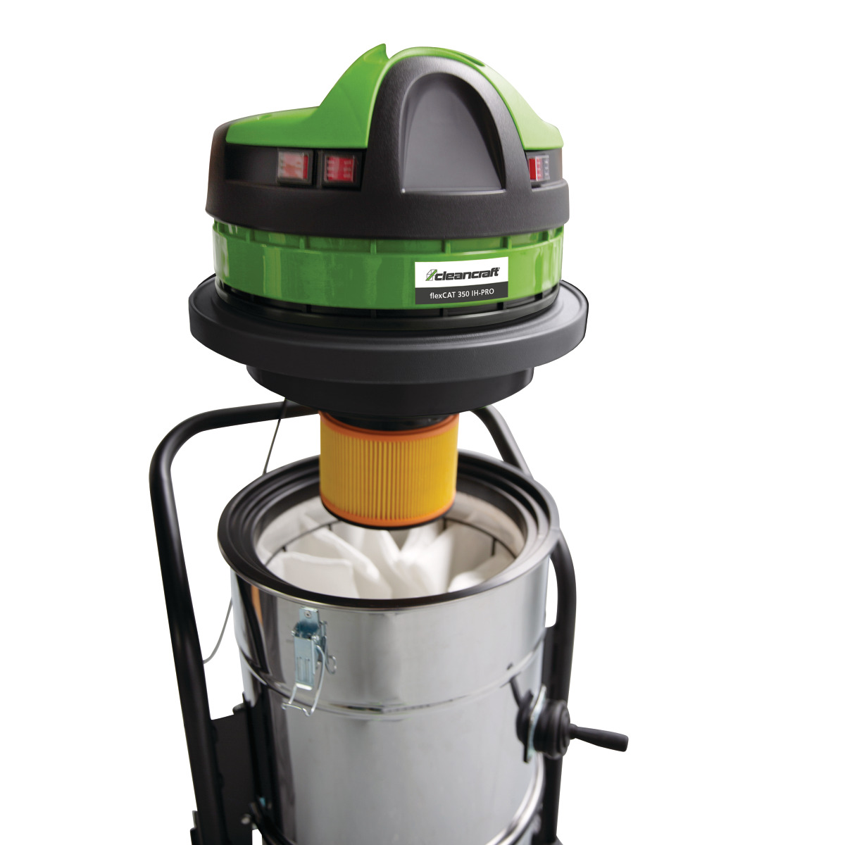 Nass-/Trockensauger flexCAT 350 IH-PRO Geöffneter Industriestaubsauger mit angehobenem Motorkopf, darunter Rundfilter und eingesetzter Filtersack im Edelstahlbehälter.