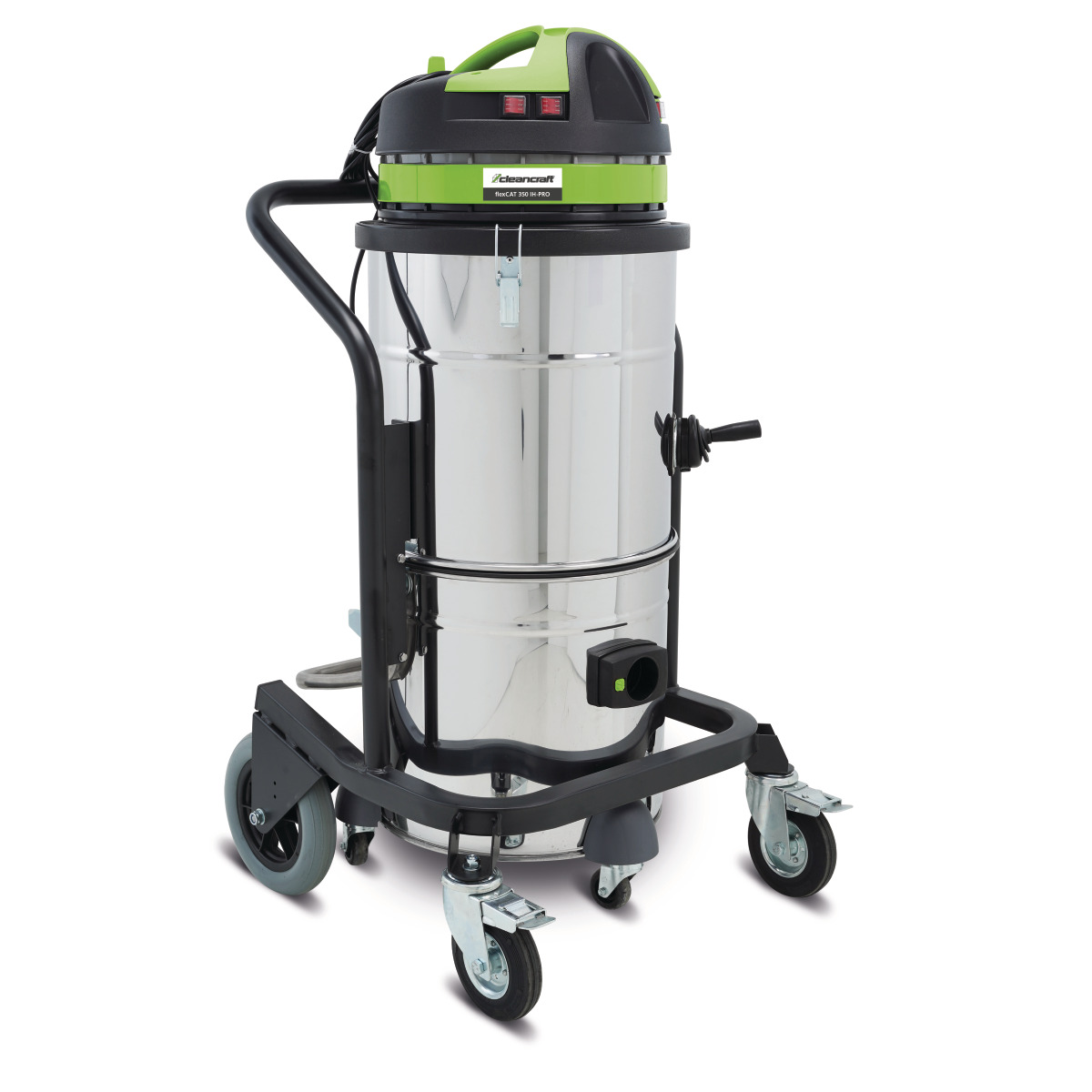 Nass-/Trockensauger flexCAT 350 IH-PRO Industriestaubsauger mit Edelstahlbehälter, grün-schwarzem Motorkopf, Fahrgestell, großen Hinterrädern und Lenkrollen.