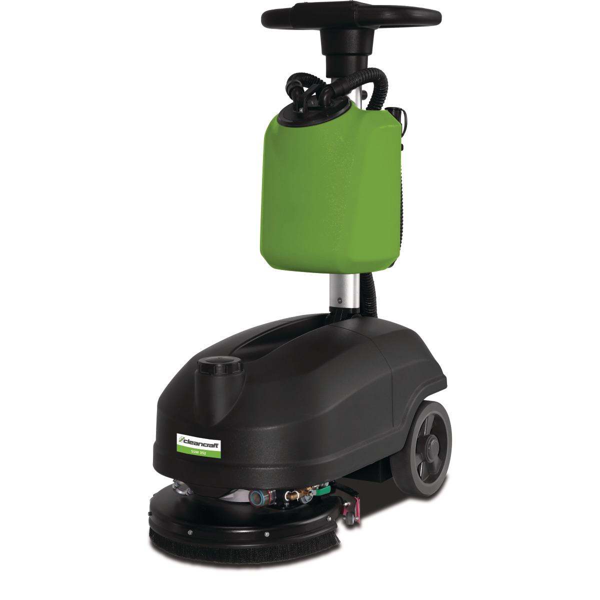 Handgeführte Scheuersaugmaschine SSM 352 Kompakte Scheuersaugmaschine mit grünem Tank, schwarzem Gehäuse, hohem Schubbügel, Rädern und runder Bürsteneinheit.