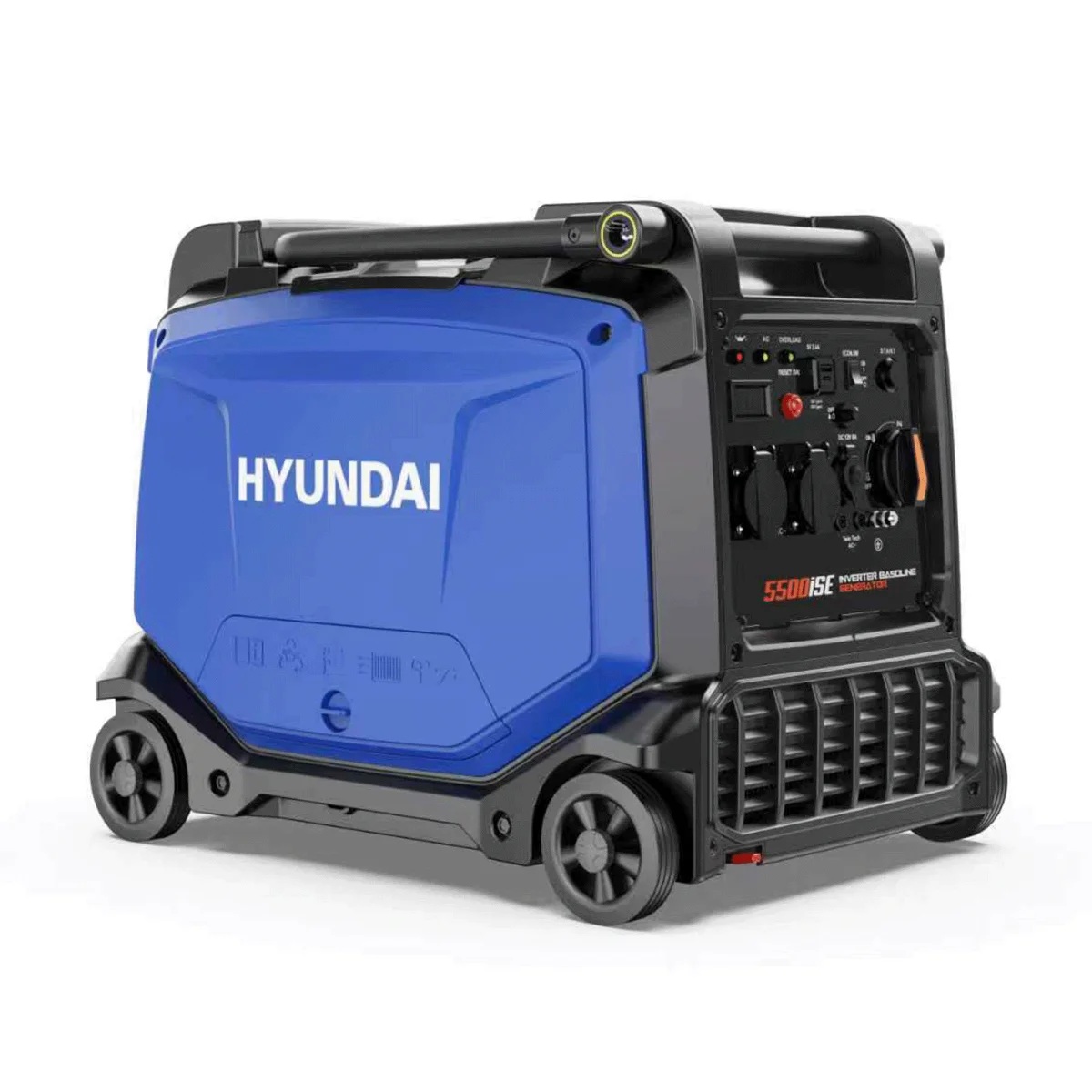Hyundai Inverter Generator HY3501SEI Hyundai Inverter-Generator auf vier Rädern mit Tragegriff, blau-schwarzem Gehäuse, Bedienfeld, Steckdosen und Lüftungsgitter.
