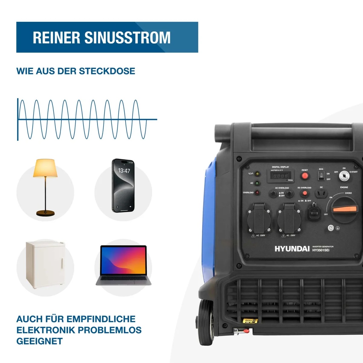 Hyundai Inverter Generator HY3501SEI Bedienfeld des Hyundai Inverter-Generators mit Sinuskurve sowie Symbolen für Lampe, Smartphone, Kühlschrank und Laptop.